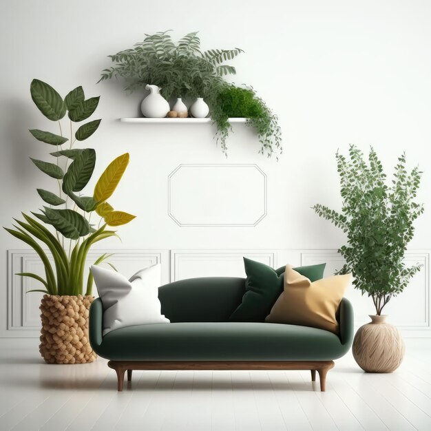 Maqueta de pared de sala de estar vacía con planta de serpiente de almohada de sofá de terciopelo verde en cesta y hojas en jarrón de madera sobre fondo interior blanco en blanco Ilustración 3d IA generativa