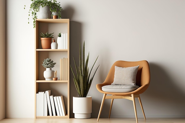 Maqueta de pared vacía en una cálida sala de estar beige con estantería de silla y planta en jarrón