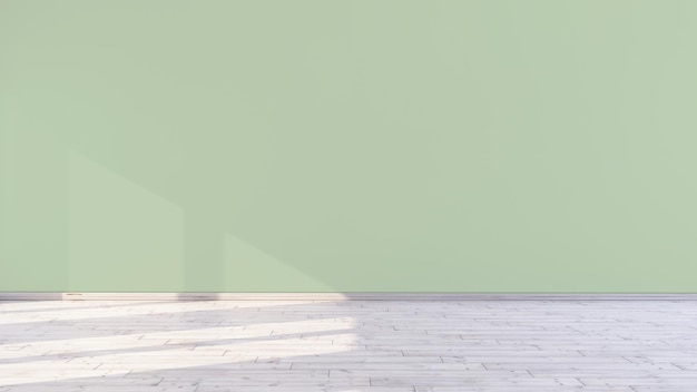 Maqueta de pared verde claro y luz solar a través de la ventana en una ilustración de representación 3d de habitación vacía.