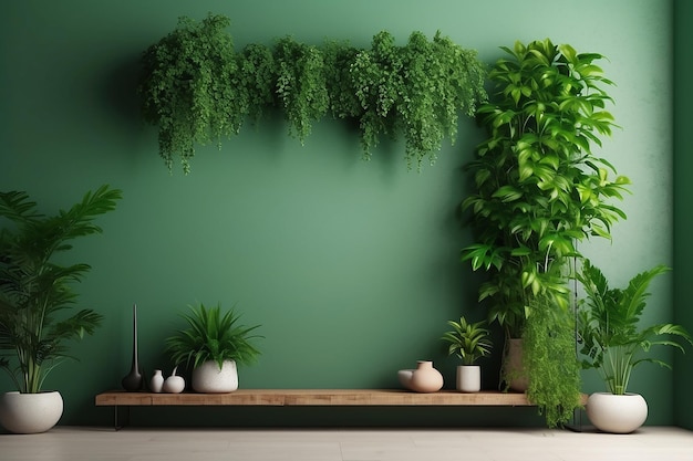 Maqueta de pared verde con planta verde y renderización de estantería3d