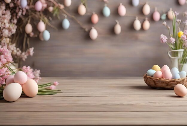 Maqueta de Pascua con escritorio de madera y huevos pintados