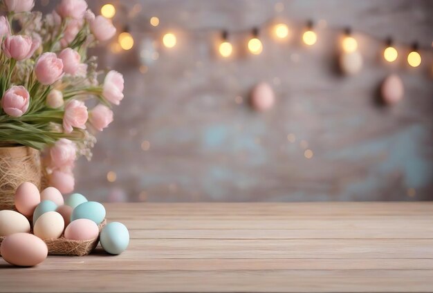 Maqueta de Pascua con escritorio de madera y huevos pintados