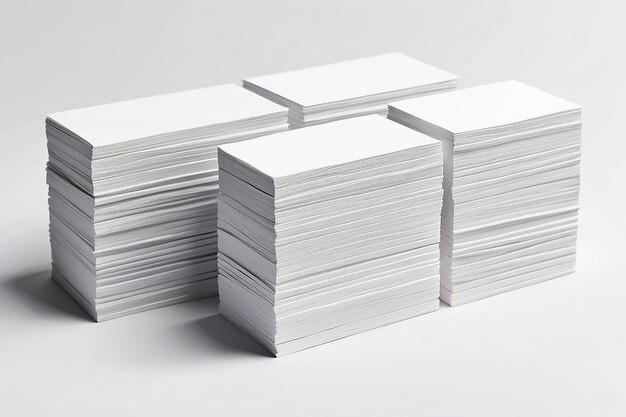 Maqueta de pilas de tarjetas de visita horizontales dispuestas en filas con fondo de papel de textura blanca