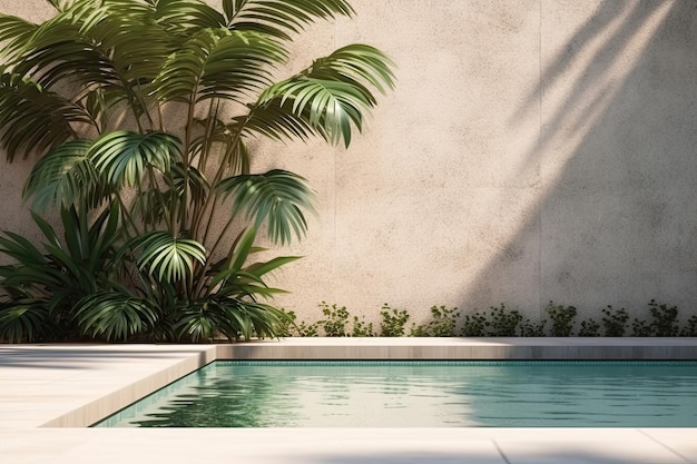 Foto maqueta de piscina con hojas de palma.