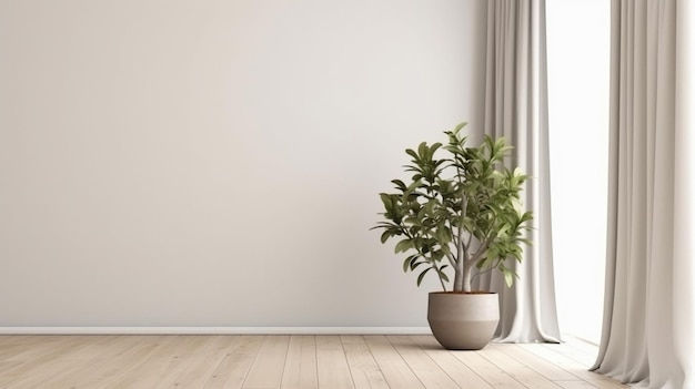Maqueta de planta contra una pared blanca Maqueta de pared blanca con cortina marrón IA generativa