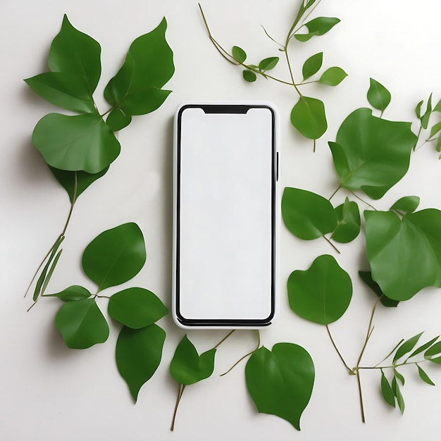 Foto maqueta de plantilla de pantalla de teléfono móvil vacía blanca para anuncios de aplicaciones de productos con hojas verdes naturaleza orgánica