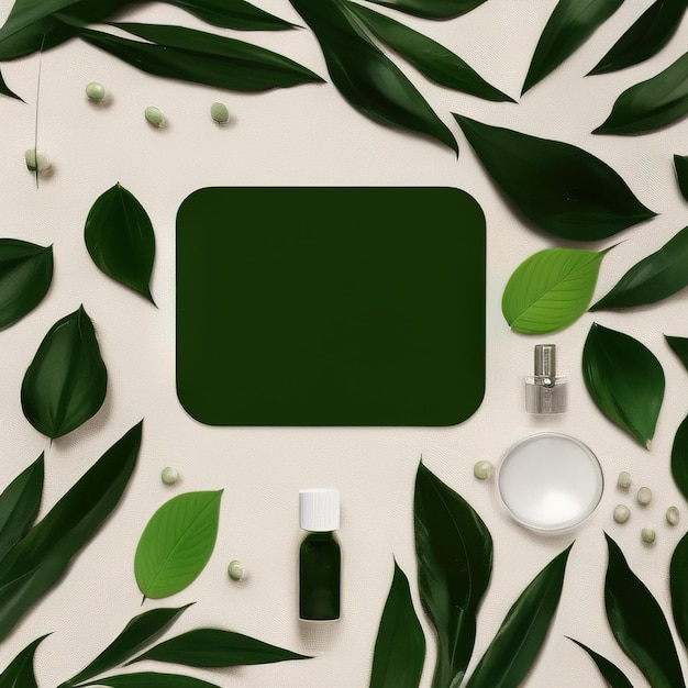 Maqueta de plástico de envases cosméticos orgánicos naturales con hojas verdes.
