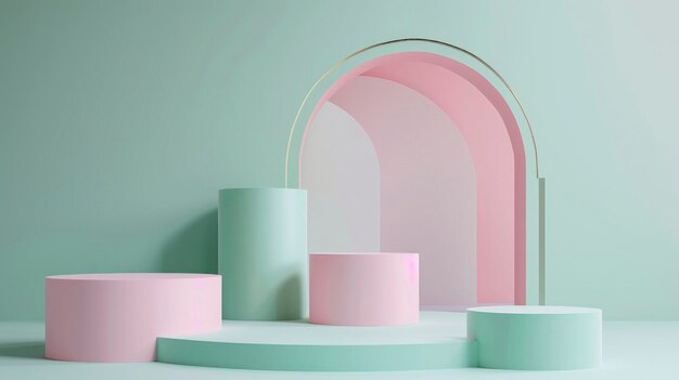 Maqueta de podio de arco vacío y exhibición de productos en cilindros redondos en colores verde menta y rosa