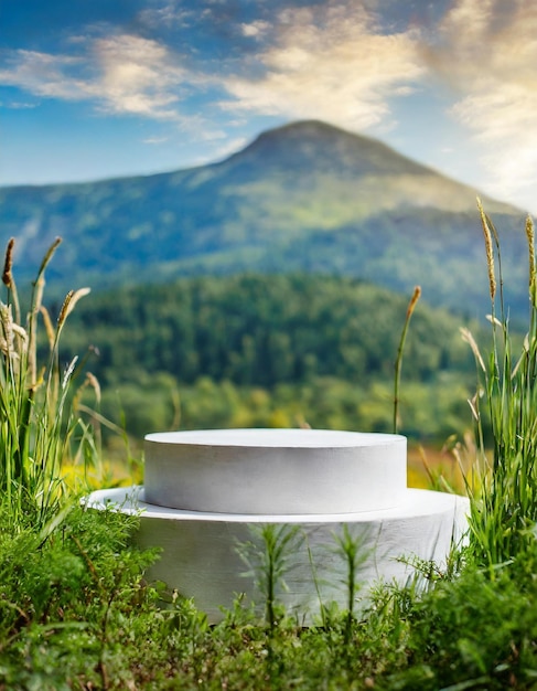 Maqueta de podio en el césped con un hermoso fondo de la naturaleza