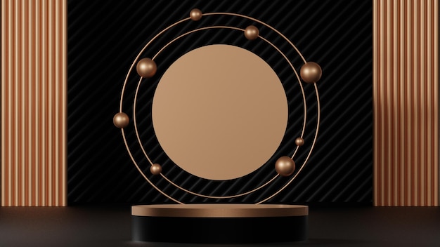 Maqueta de podio dorado negro de lujo que muestra un fondo abstracto moderno para exhibición de productos premium