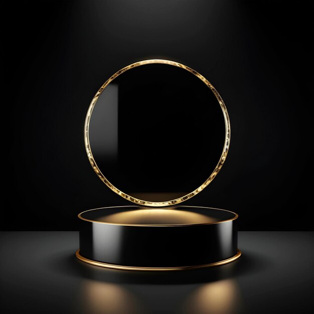 Maqueta de podio negro para la presentación de productos cosméticos con círculo redondo de vidrio dorado en estudio oscuro