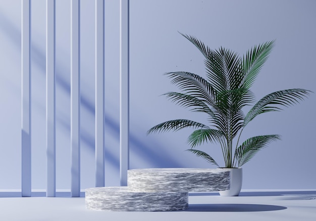 maqueta de podio de pedestal de mármol blanco, fondo de pared azul con hoja natural, planta, plataforma de producto