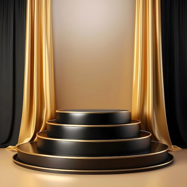Maqueta de podio redondo dorado negro de 4 pasos con fondo de cortina de seda dorado para la exhibición de productos