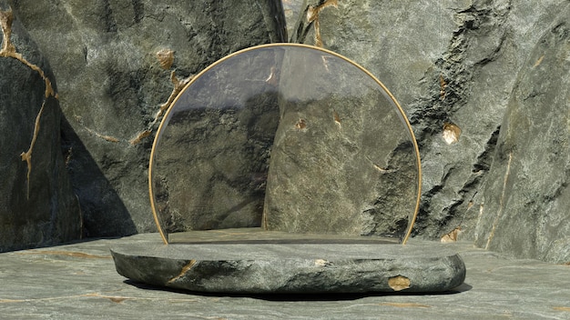Maqueta de podio de rocas grandes de veta de oro de lujo que refleja un círculo de vidrio con marco dorado de oro premium