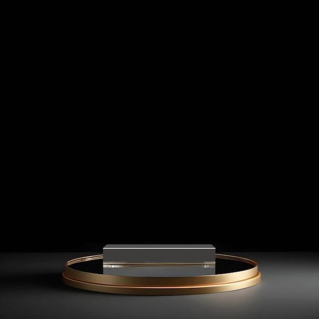 Maqueta de podio de vidrio de cristal redondo para la presentación de productos escenario de exhibición dorado 3D en estudio oscuro