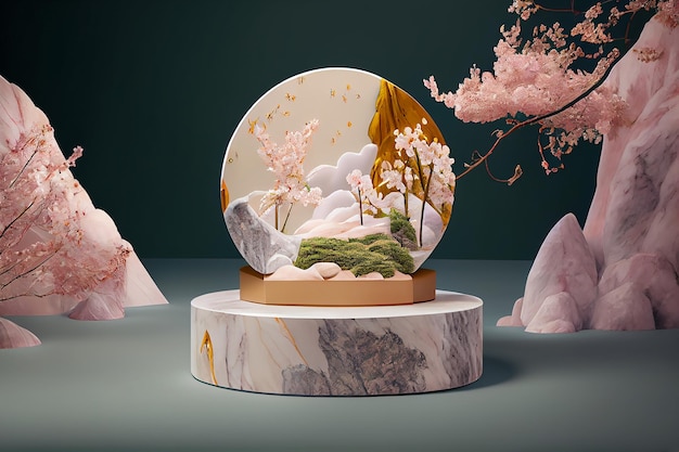 Maqueta de podios de cilindro con rama de suaves flores de sakura