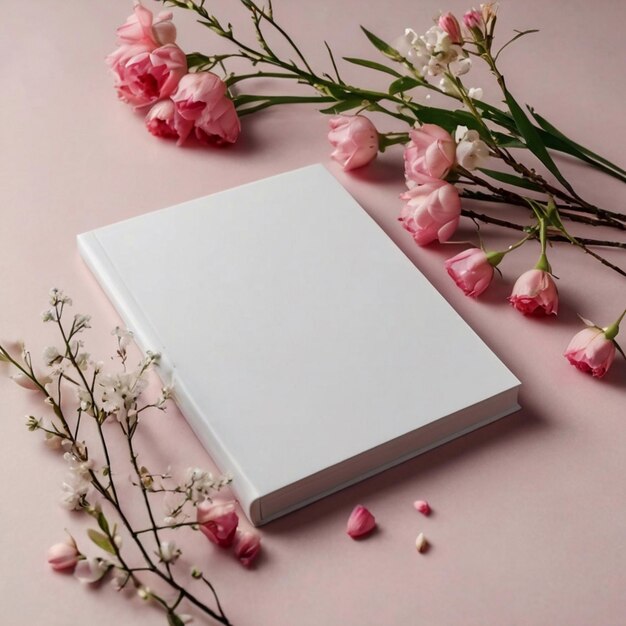 Maqueta de la portada de un libro o cuaderno con una ramita en flor