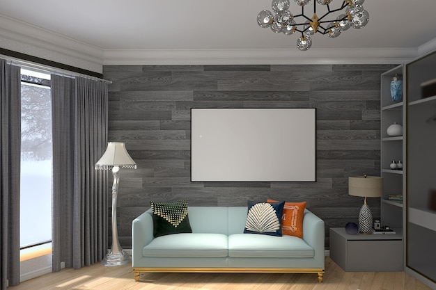 Maqueta de póster en blanco en el diseño de interiores de la sala de estar moderna con fondo de pared de madera oscura