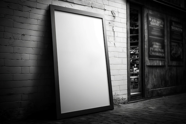 Foto maqueta de póster blanco en una pared de madera frente a la tienda ia generativa