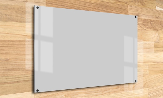 Foto maqueta con póster horizontal gris en blanco sobre fondo de madera y sombra de ventana superpuesta cartera de moda fondo blanco