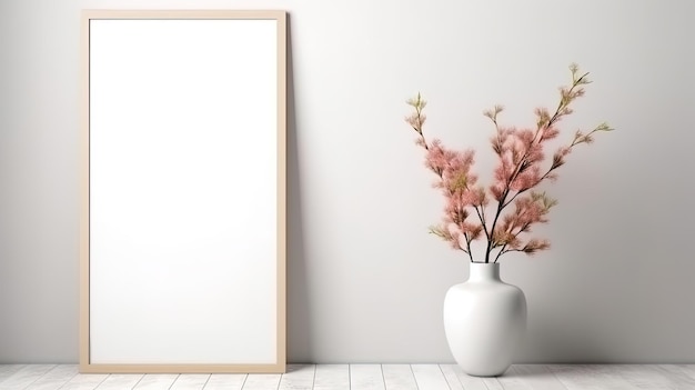 Maqueta de póster interior blanco vacío con flores en macetas en una habitación con paredes blancas generadas por IA
