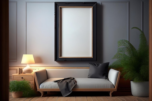 Maqueta de póster interior escandinavo con marcos de madera horizontales sofá gris claro en piso de madera