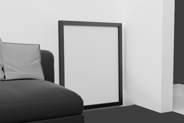 Maqueta de póster interior con renderizado 3d de marco negro vacío