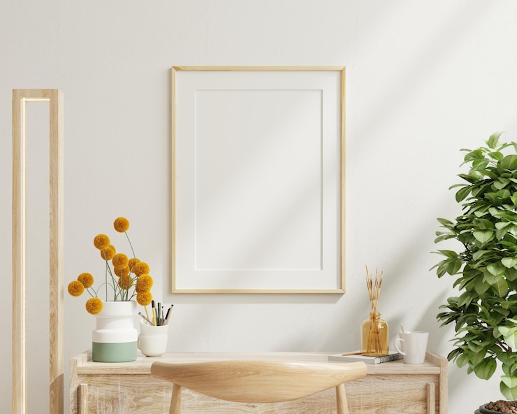 Maqueta de póster con marco blanco vertical en el fondo interior de la sala de trabajo