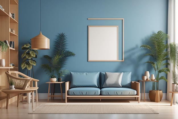 Maqueta de póster con marco de madera en el interior de la casa sobre un fondo de pared azul renderizado en 3D