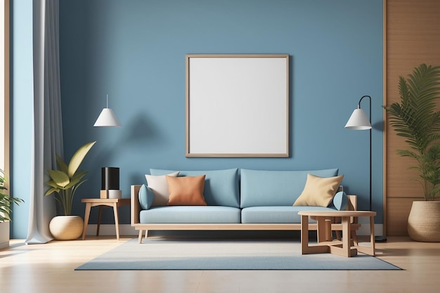 Maqueta de póster con marco de madera en el interior de la casa sobre un fondo de pared azul renderizado en 3D