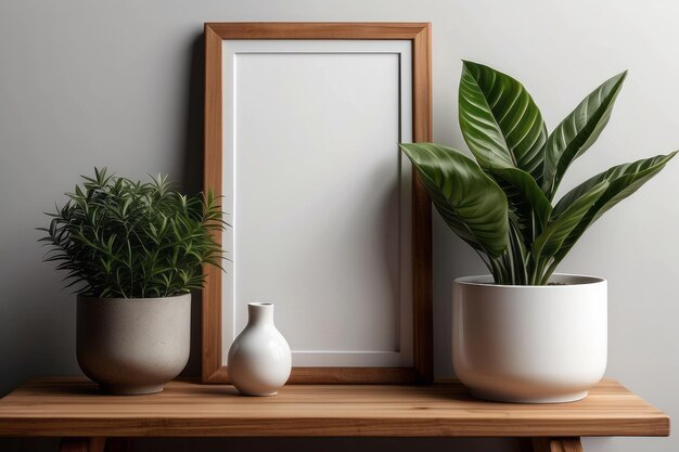 Maqueta de póster con una planta verde y marcos de madera en la pared blanca