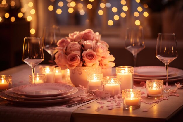 Maqueta de preparación de la cena de San Valentín con luces románticas de colores pastel