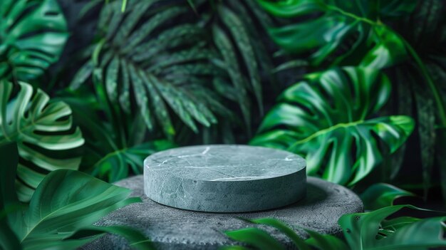 Foto esta maqueta presenta un pedestal redondo de piedra gris establecido contra un fondo vibrante de hojas tropicales que ofrece una plataforma natural y serena para exhibir productos cosméticos