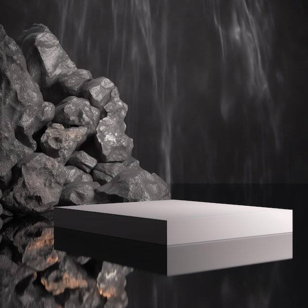 Maqueta de presentación de producto con rocas y podio vacío de agua sobre fondo negro