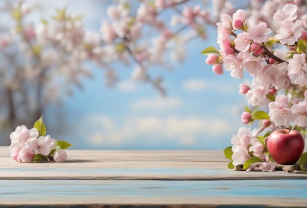 Maqueta de primavera con escritorio de madera y árboles en flor