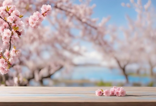 Maqueta de primavera con escritorio de madera y árboles en flor