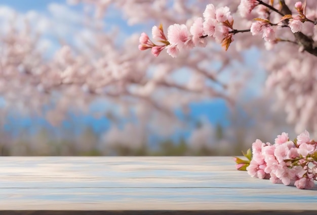 Maqueta de primavera con escritorio de madera y árboles en flor