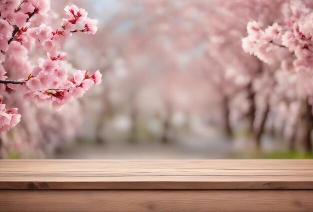 Maqueta de primavera con escritorio de madera y árboles en flor