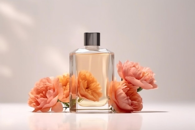 Maqueta de producto en botella transparente con flores y configuración de exhibición de productos como estandarte ancho