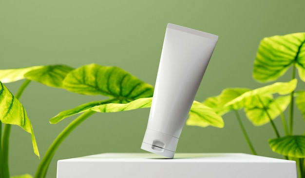 Maqueta de producto de tubo cosmético Embalaje para el cuidado de la piel de belleza con hojas tropicales Representación 3D