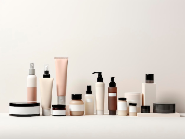 Foto maqueta de productos cosméticos con etiquetas en blanco aisladas en el dorso blanco