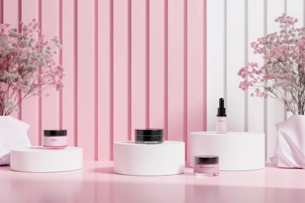 Foto maqueta de productos de maquillaje en fondo rosa para la presentación de la marca