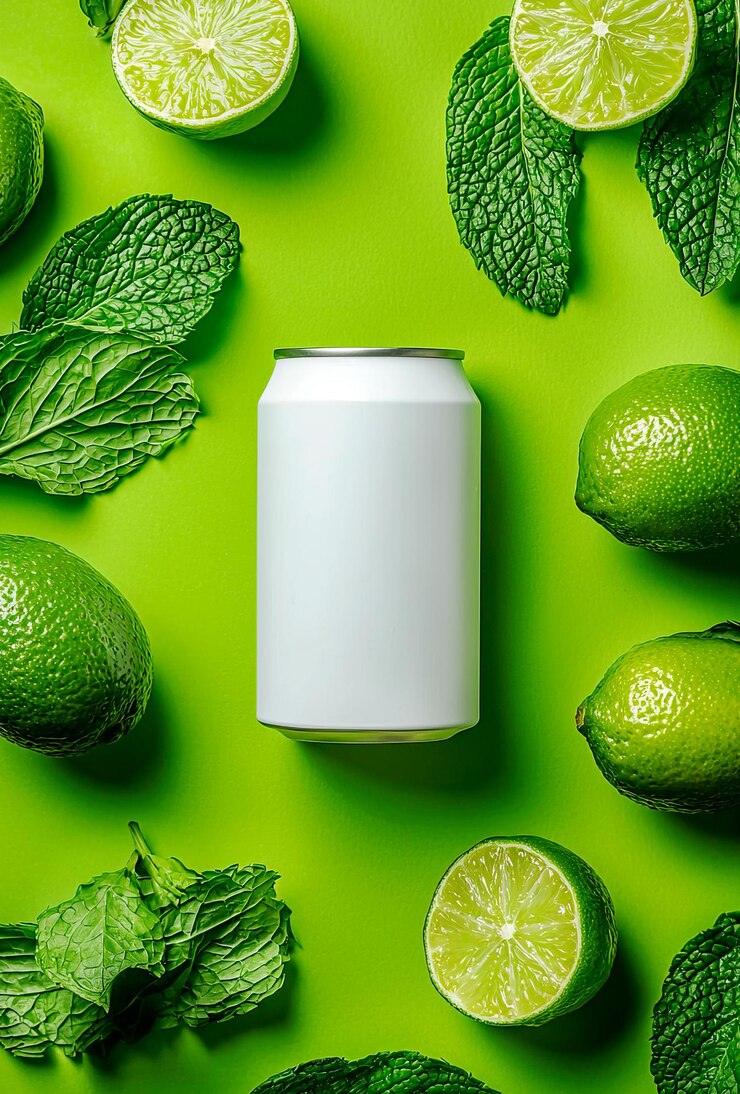 Foto maqueta publicitaria de latas de aluminio con limas y menta para refrescos sobre un fondo verde