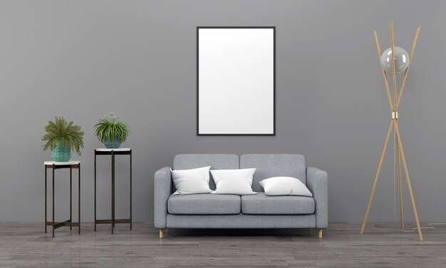 Maqueta realista Interior renderizado en 3D de sala de estar moderna con sofá y mesa