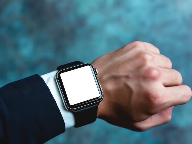 Maqueta de un reloj inteligente con una pantalla completamente blanca en la mano de un hombre de negocios