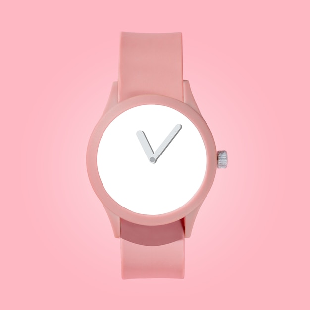 Maqueta de relojes femeninos de pulsera rosa sobre un fondo rosa