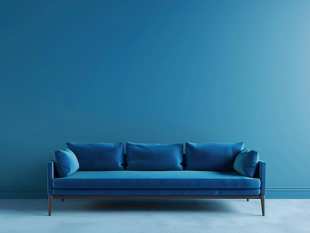 Una maqueta de renderización 3D presenta un sofá azul contra una pared azul a juego