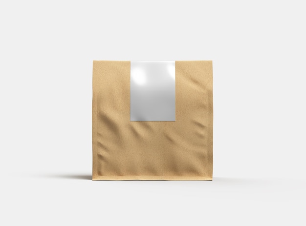 Maqueta renderizada para una bolsa de papel cuadrada con tapa plegada y etiqueta en un fondo claro