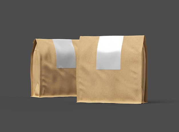 Maqueta renderizada para una bolsa de papel cuadrada con tapa plegada y etiqueta en un fondo oscuro