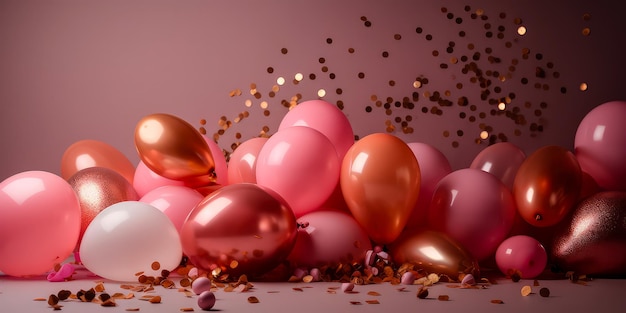 Maqueta rosa con globos Fondo de celebración Zona de fotos Aniversario Bandera para cumpleaños